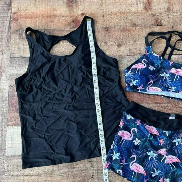 Yonique Black and blue flamingo print 3 piece swim suit top shorts bra L - Picture 2 of 9